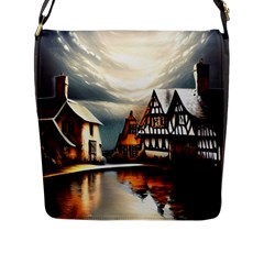 Village Reflections Snow Sky Dramatic Town House Cottages Pond Lake City Flap Closure Messenger Bag (l) by Posterlux