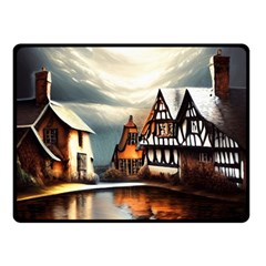 Village Reflections Snow Sky Dramatic Town House Cottages Pond Lake City Two Sides Fleece Blanket (small) by Posterlux