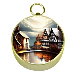 Village Reflections Snow Sky Dramatic Town House Cottages Pond Lake City Gold Compasses by Posterlux