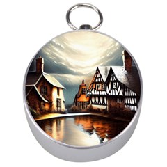 Village Reflections Snow Sky Dramatic Town House Cottages Pond Lake City Silver Compasses by Posterlux