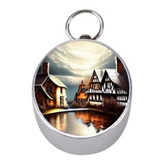 Village Reflections Snow Sky Dramatic Town House Cottages Pond Lake City Mini Silver Compasses by Posterlux