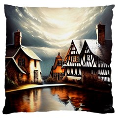 Village Reflections Snow Sky Dramatic Town House Cottages Pond Lake City Standard Premium Plush Fleece Cushion Case (one Side) by Posterlux