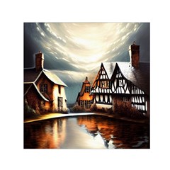 Village Reflections Snow Sky Dramatic Town House Cottages Pond Lake City Square Satin Scarf (30  X 30 ) by Posterlux