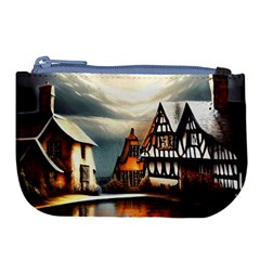 Village Reflections Snow Sky Dramatic Town House Cottages Pond Lake City Large Coin Purse by Posterlux