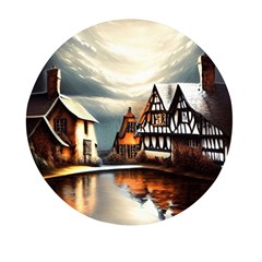 Village Reflections Snow Sky Dramatic Town House Cottages Pond Lake City Mini Round Pill Box by Posterlux