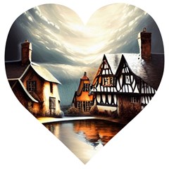 Village Reflections Snow Sky Dramatic Town House Cottages Pond Lake City Wooden Puzzle Heart by Posterlux