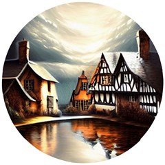 Village Reflections Snow Sky Dramatic Town House Cottages Pond Lake City Wooden Puzzle Round by Posterlux