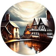 Village Reflections Snow Sky Dramatic Town House Cottages Pond Lake City Wooden Bottle Opener (round) by Posterlux