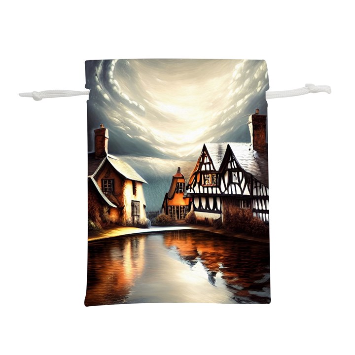 Village Reflections Snow Sky Dramatic Town House Cottages Pond Lake City Lightweight Drawstring Pouch (S)