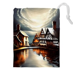 Village Reflections Snow Sky Dramatic Town House Cottages Pond Lake City Drawstring Pouch (4xl) by Posterlux