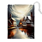 Village Reflections Snow Sky Dramatic Town House Cottages Pond Lake City Drawstring Pouch (5XL) Front