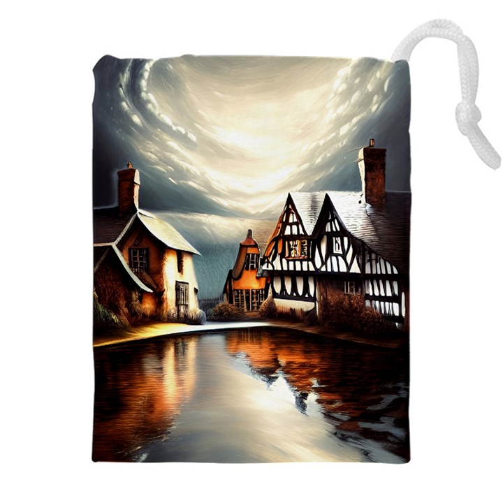 Village Reflections Snow Sky Dramatic Town House Cottages Pond Lake City Drawstring Pouch (5XL)