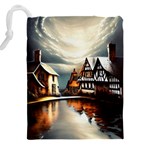 Village Reflections Snow Sky Dramatic Town House Cottages Pond Lake City Drawstring Pouch (5XL) Back