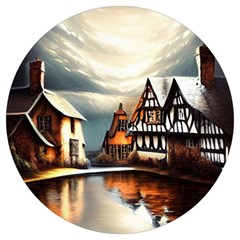 Village Reflections Snow Sky Dramatic Town House Cottages Pond Lake City Round Trivet by Posterlux