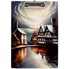 Village Reflections Snow Sky Dramatic Town House Cottages Pond Lake City A4 Acrylic Clipboard by Posterlux