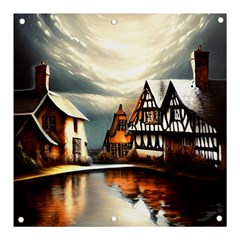 Village Reflections Snow Sky Dramatic Town House Cottages Pond Lake City Banner And Sign 3  X 3 