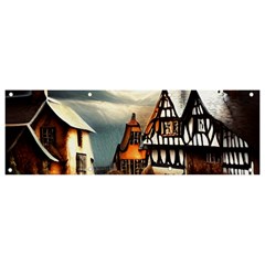 Village Reflections Snow Sky Dramatic Town House Cottages Pond Lake City Banner And Sign 9  X 3  by Posterlux