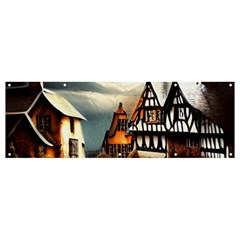 Village Reflections Snow Sky Dramatic Town House Cottages Pond Lake City Banner And Sign 12  X 4  by Posterlux