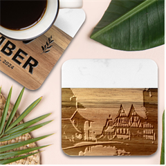 Village Reflections Snow Sky Dramatic Town House Cottages Pond Lake City Marble Wood Coaster (square) by Posterlux