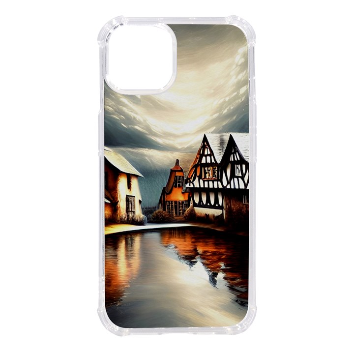 Village Reflections Snow Sky Dramatic Town House Cottages Pond Lake City iPhone 14 TPU UV Print Case