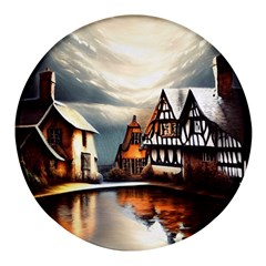 Village Reflections Snow Sky Dramatic Town House Cottages Pond Lake City Round Glass Fridge Magnet (4 Pack) by Posterlux