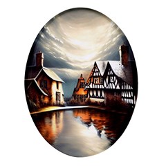 Village Reflections Snow Sky Dramatic Town House Cottages Pond Lake City Oval Glass Fridge Magnet (4 Pack) by Posterlux