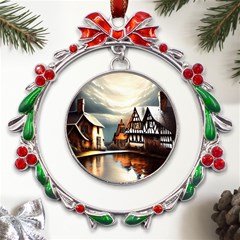 Village Reflections Snow Sky Dramatic Town House Cottages Pond Lake City Metal X mas Wreath Ribbon Ornament by Posterlux