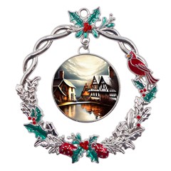 Village Reflections Snow Sky Dramatic Town House Cottages Pond Lake City Metal X mas Wreath Holly Leaf Ornament by Posterlux