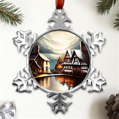 Village Reflections Snow Sky Dramatic Town House Cottages Pond Lake City Metal Small Snowflake Ornament by Posterlux