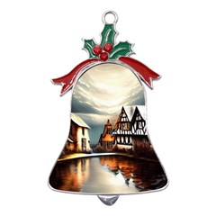 Village Reflections Snow Sky Dramatic Town House Cottages Pond Lake City Metal Holly Leaf Bell Ornament by Posterlux