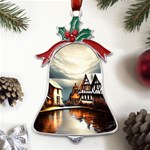 Village Reflections Snow Sky Dramatic Town House Cottages Pond Lake City Metal Holly Leaf Bell Ornament Front