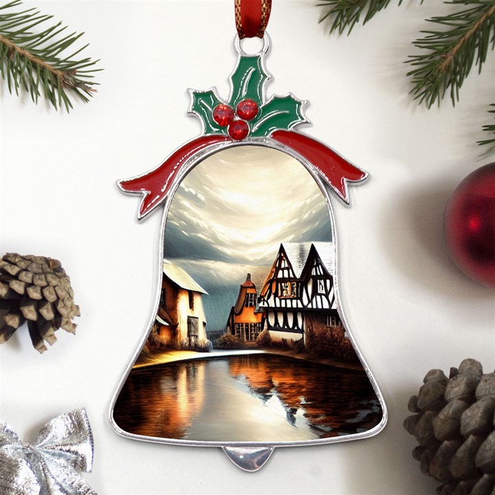 Village Reflections Snow Sky Dramatic Town House Cottages Pond Lake City Metal Holly Leaf Bell Ornament