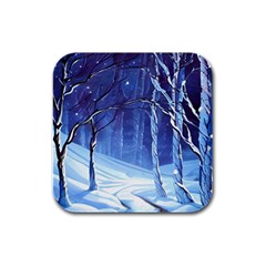 Landscape Outdoors Greeting Card Snow Forest Woods Nature Path Trail Santa s Village Rubber Square Coaster (4 Pack) by Posterlux