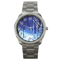 Landscape Outdoors Greeting Card Snow Forest Woods Nature Path Trail Santa s Village Sport Metal Watch by Posterlux