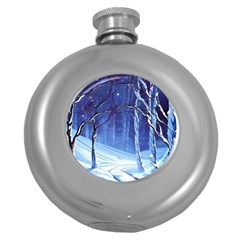 Landscape Outdoors Greeting Card Snow Forest Woods Nature Path Trail Santa s Village Round Hip Flask (5 Oz) by Posterlux