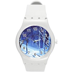 Landscape Outdoors Greeting Card Snow Forest Woods Nature Path Trail Santa s Village Round Plastic Sport Watch (m) by Posterlux