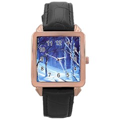 Landscape Outdoors Greeting Card Snow Forest Woods Nature Path Trail Santa s Village Rose Gold Leather Watch  by Posterlux