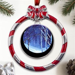 Landscape Outdoors Greeting Card Snow Forest Woods Nature Path Trail Santa s Village Metal Red Ribbon Round Ornament by Posterlux