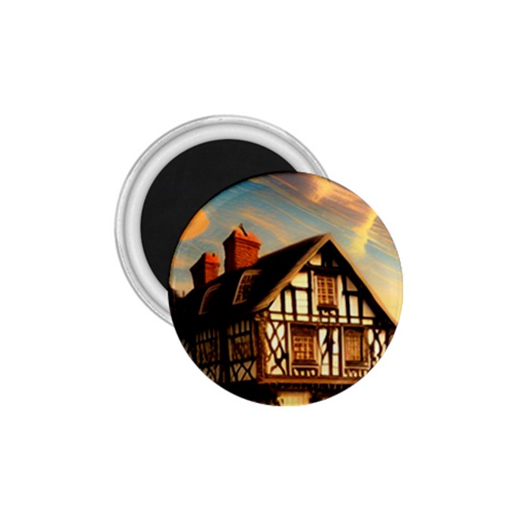 Village House Cottage Medieval Timber Tudor Split timber Frame Architecture Town Twilight Chimney 1.75  Magnets