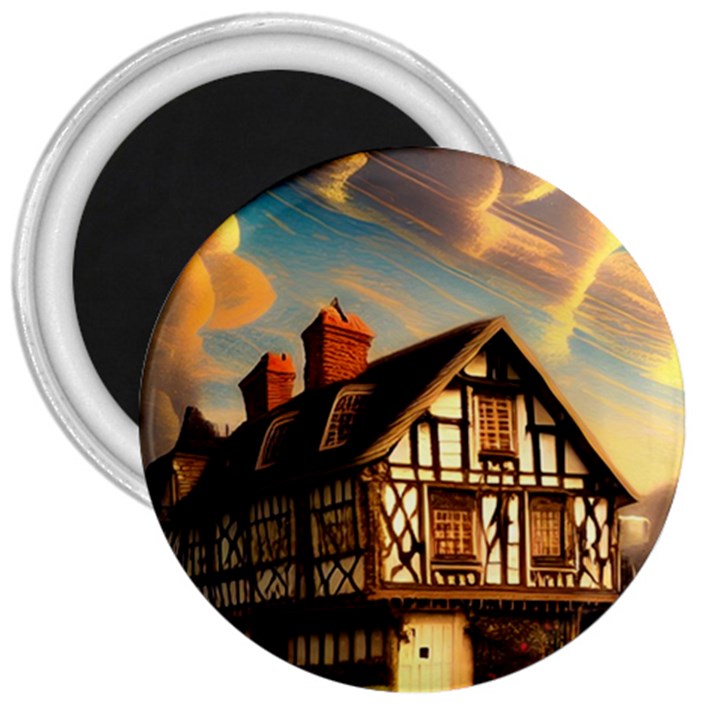 Village House Cottage Medieval Timber Tudor Split timber Frame Architecture Town Twilight Chimney 3  Magnets