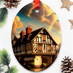 Village House Cottage Medieval Timber Tudor Split Timber Frame Architecture Town Twilight Chimney Ornament (oval) by Posterlux