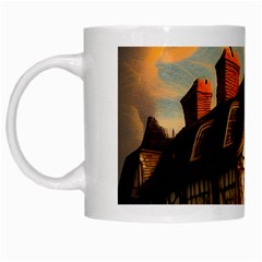 Village House Cottage Medieval Timber Tudor Split Timber Frame Architecture Town Twilight Chimney White Mug by Posterlux