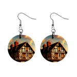 Village House Cottage Medieval Timber Tudor Split timber Frame Architecture Town Twilight Chimney Mini Button Earrings Front