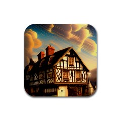 Village House Cottage Medieval Timber Tudor Split Timber Frame Architecture Town Twilight Chimney Rubber Square Coaster (4 Pack) by Posterlux