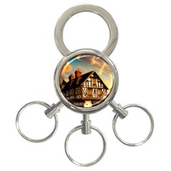 Village House Cottage Medieval Timber Tudor Split Timber Frame Architecture Town Twilight Chimney 3-ring Key Chain by Posterlux