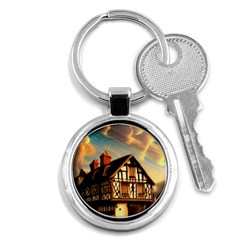 Village House Cottage Medieval Timber Tudor Split Timber Frame Architecture Town Twilight Chimney Key Chain (round) by Posterlux