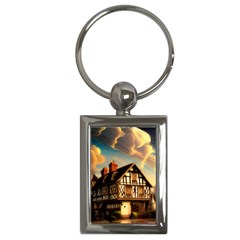 Village House Cottage Medieval Timber Tudor Split Timber Frame Architecture Town Twilight Chimney Key Chain (rectangle) by Posterlux