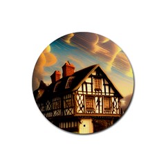 Village House Cottage Medieval Timber Tudor Split Timber Frame Architecture Town Twilight Chimney Rubber Coaster (round) by Posterlux