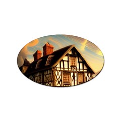 Village House Cottage Medieval Timber Tudor Split Timber Frame Architecture Town Twilight Chimney Sticker (oval) by Posterlux