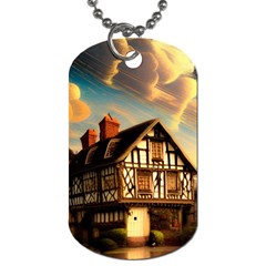 Village House Cottage Medieval Timber Tudor Split Timber Frame Architecture Town Twilight Chimney Dog Tag (one Side) by Posterlux